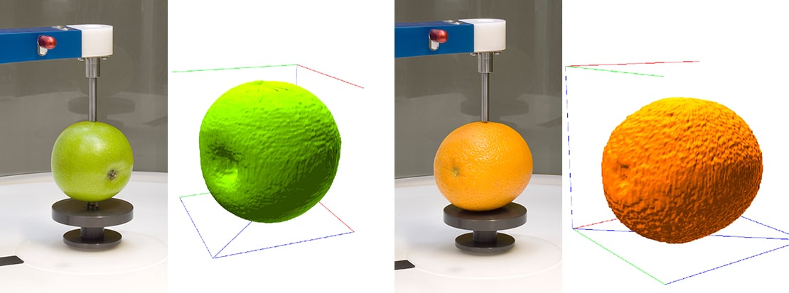 Comparative images showing volume and dimension measurement of fruit